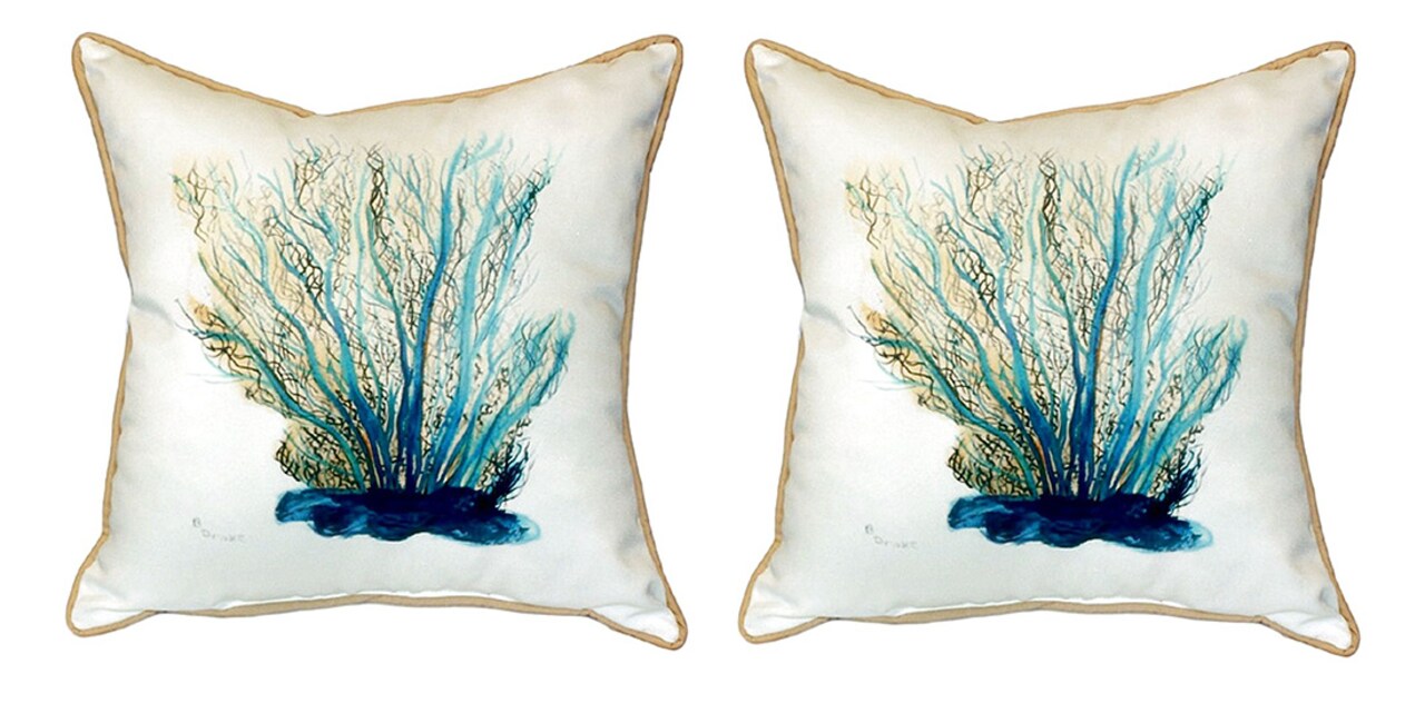 Pair of Betsy Drake Blue Coral Small Outdoor/Indoor Pillows 12 Inch X 12 Inch